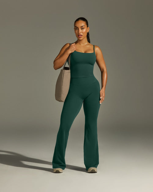 SoftMotion™ Strappy Mid Tank Top with Built in Bra Shelf with White Logo | Dark Racing Green