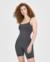 SoftMotion™ Strappy Tank Top with Built in Bra Shelf with White Logo | Coal