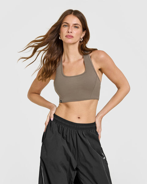 Moss Rave Bra Mellow™ Rib Square Neck Bra in Moss Brown | Oner Active US