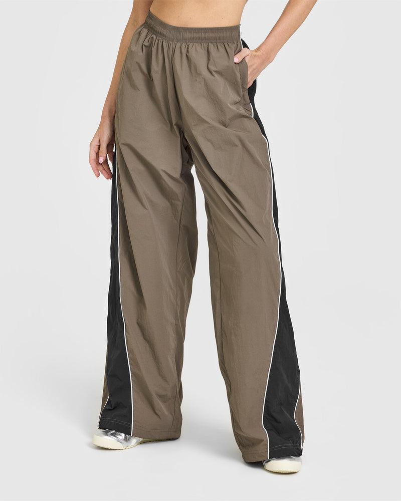 Oversized Piped Woven Straight Leg Track Bottoms in Moss Brown