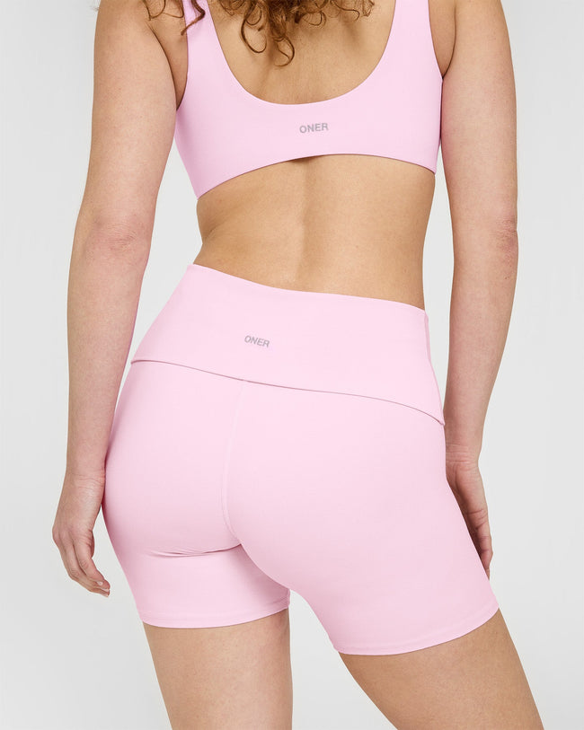 SoftMotion™ Fold Over Shorts 6" with White Logo | Chalk Pink