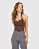 Mellow™ Rib Halter Neck Mid Vest with Built in Bra Shelf | Copper Brown