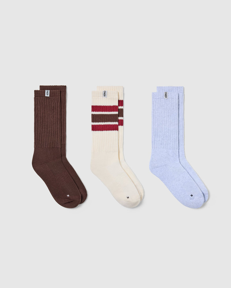 Stripe Slouchy Socks 3 Pack Ruby Red/Espresso Brown | Oner Active US