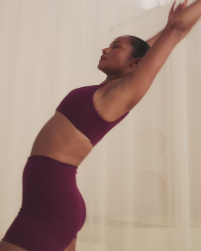 SoftMotion™ Scoop Back Bralette with Gray Logo | Cherry Lacquer Purple