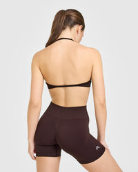 EnhanceLift™ Seamless Minimal Halter Neck Bralette with White Logo | Plum Brown