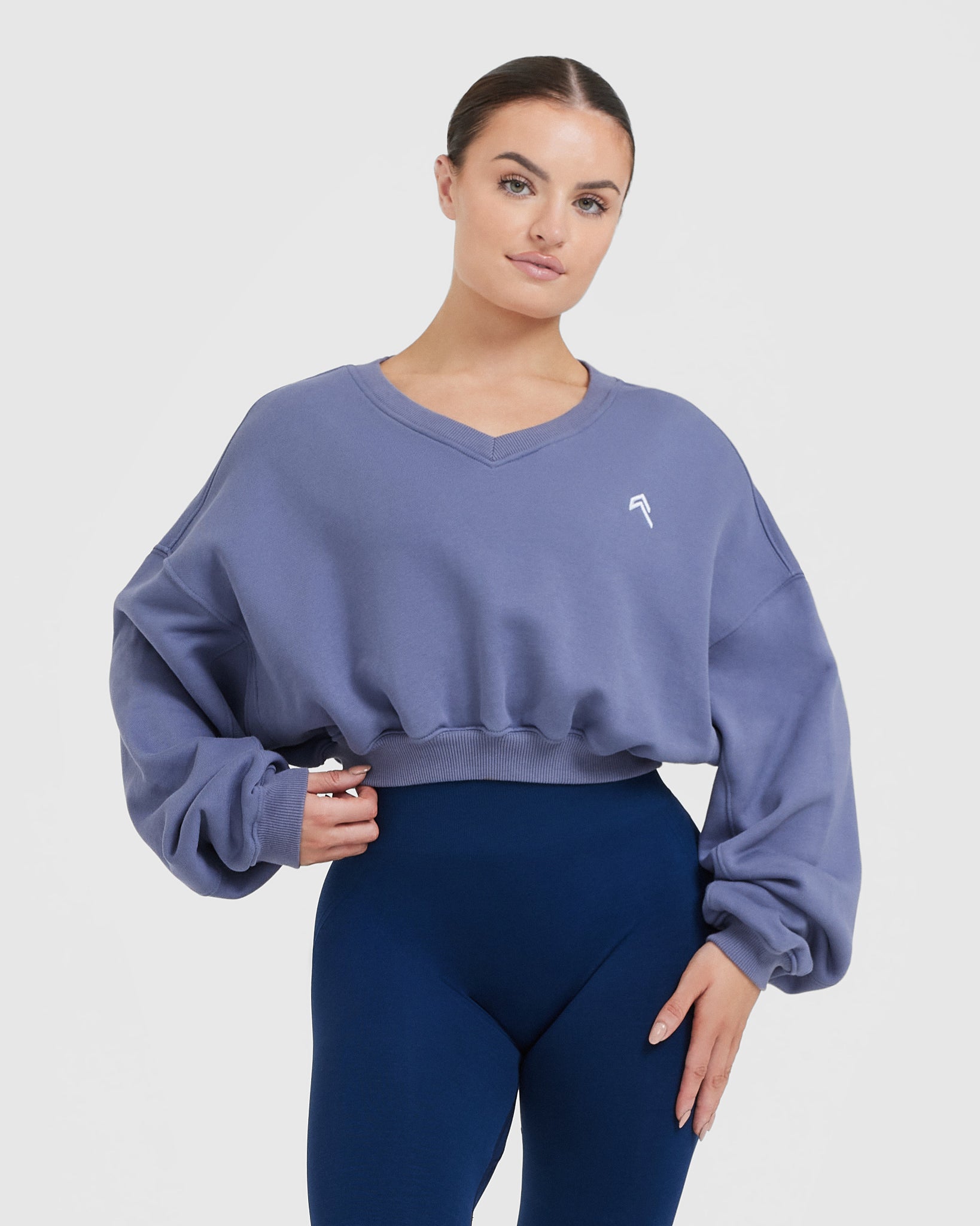 Blue V-Neck Sweatshirt Women's - Slate Blue Oversized | Oner Active US