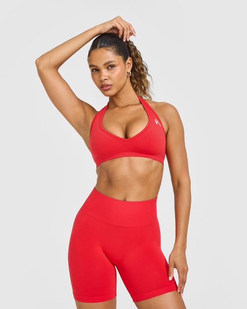 Effortless Seamless Halter Neck Sports Bra with White Logo | Muscle Mommy Red