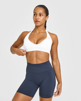 Effortless Seamless Halter Neck Sports Bra with White Logo | White