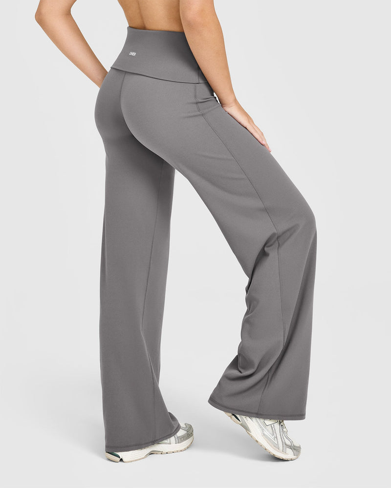 SoftMotion™ Fold Over Straight Leg Pants with White Logo in Ash