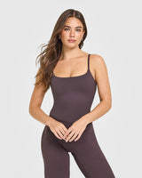 SoftMotion™ Strappy Mid Tank Top with Built in Bra Shelf with White Logo | Dark Umber Brown
