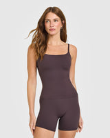 SoftMotion™ Strappy Tank Top with Built in Bra Shelf with White Logo | Dark Umber Brown