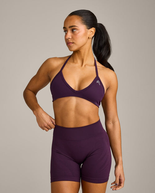 EnhanceLift™ Seamless Minimal Halter Neck Bralette with Gray Logo | Blackberry Purple