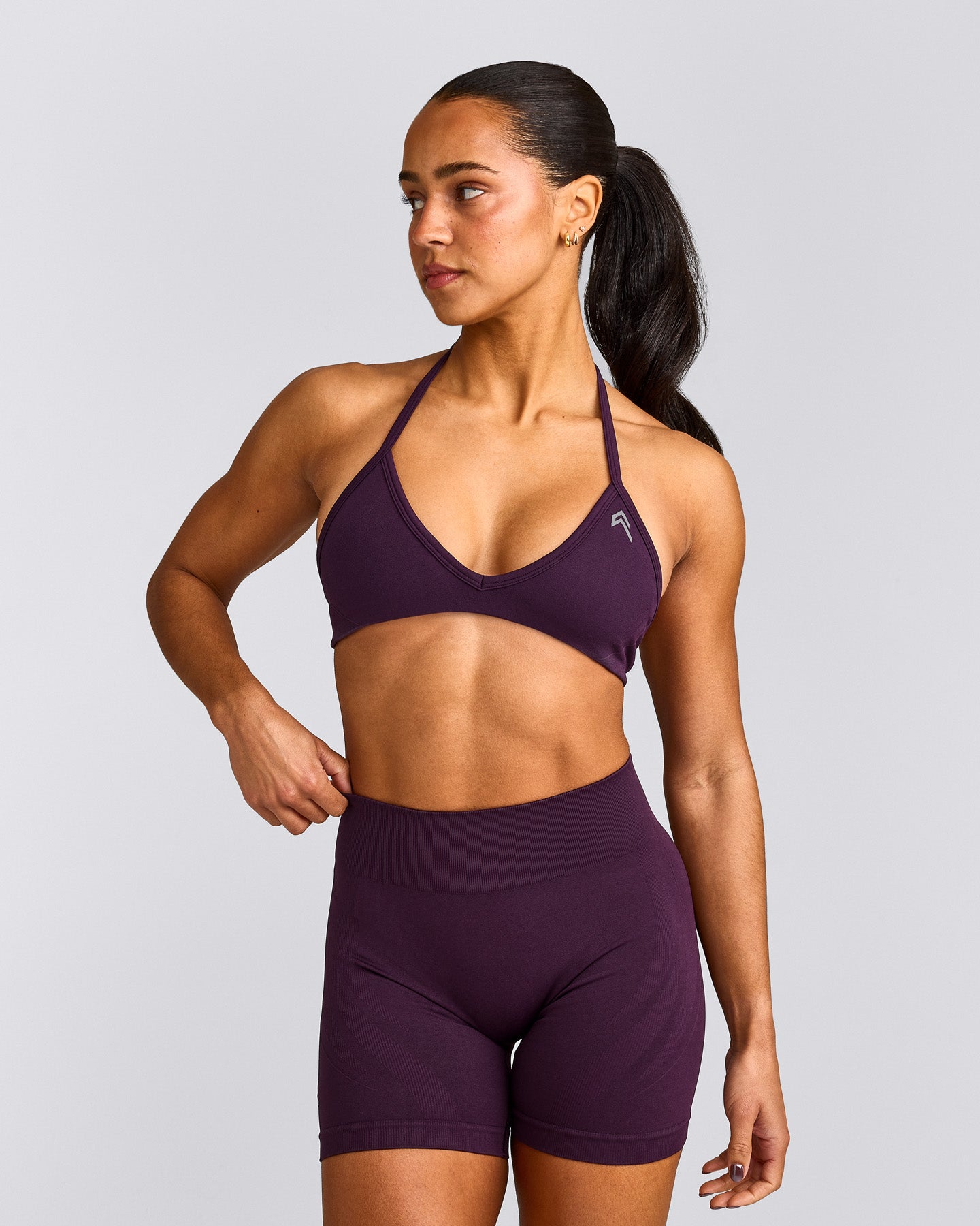 EnhanceLift™ Seamless Minimal Halter Neck Bralette with Gray Logo | Blackberry Purple