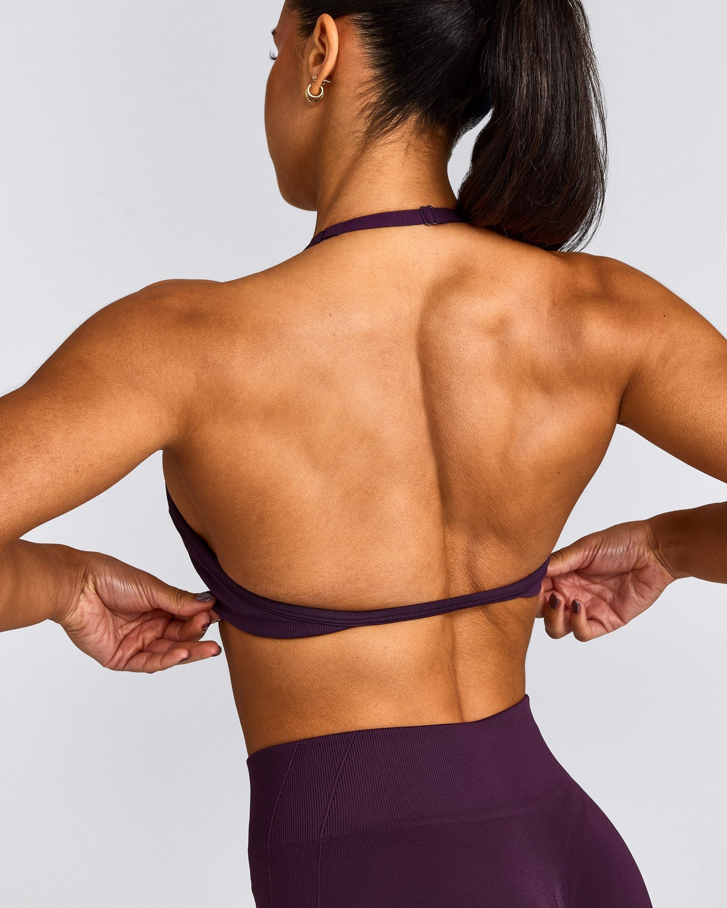 EnhanceLift™ Seamless Minimal Halter Neck Bralette with Gray Logo | Blackberry Purple