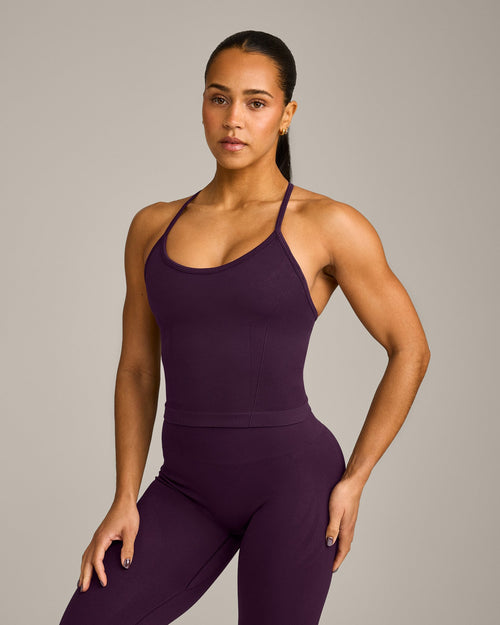 EnhanceLift™ Seamless Strappy Racer Vest with Built in Bra Shelf with Gray Logo | Light Blackberry Purple