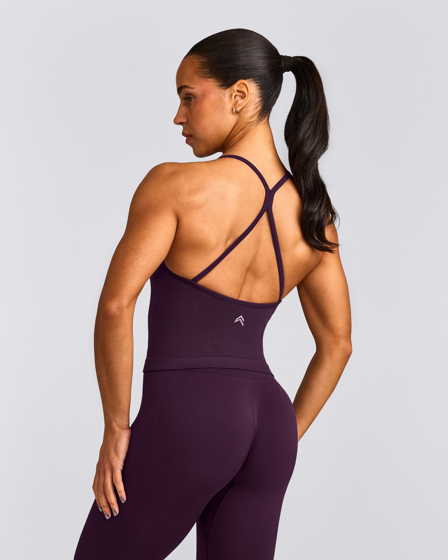 EnhanceLift™ Seamless Strappy Racer Tank Top with Built in Bra Shelf with Gray Logo | Blackberry Purple