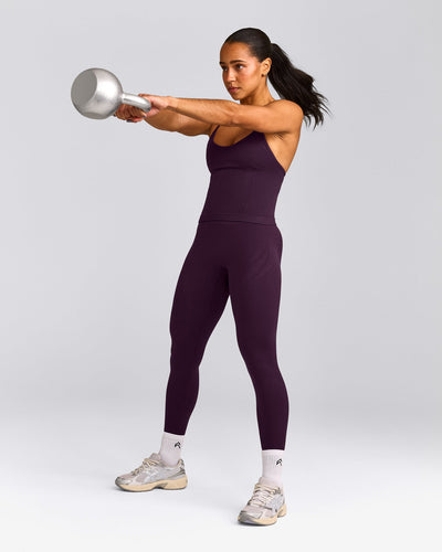 EnhanceLift™ Seamless Strappy Racer Tank Top with Built in Bra Shelf with Gray Logo | Blackberry Purple