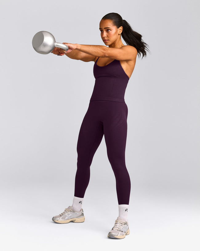 EnhanceLift™ Seamless Strappy Racer Tank Top with Built in Bra Shelf with Gray Logo | Blackberry Purple