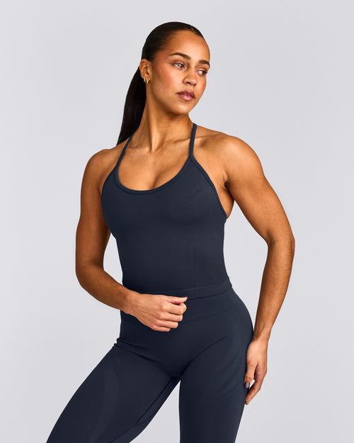 EnhanceLift™ Seamless Strappy Racer Tank Top with Built in Bra Shelf | True Blue