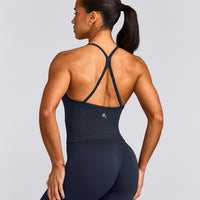 EnhanceLift™ Seamless Strappy Racer Tank Top with Built in Bra Shelf with Gray Logo | True Blue