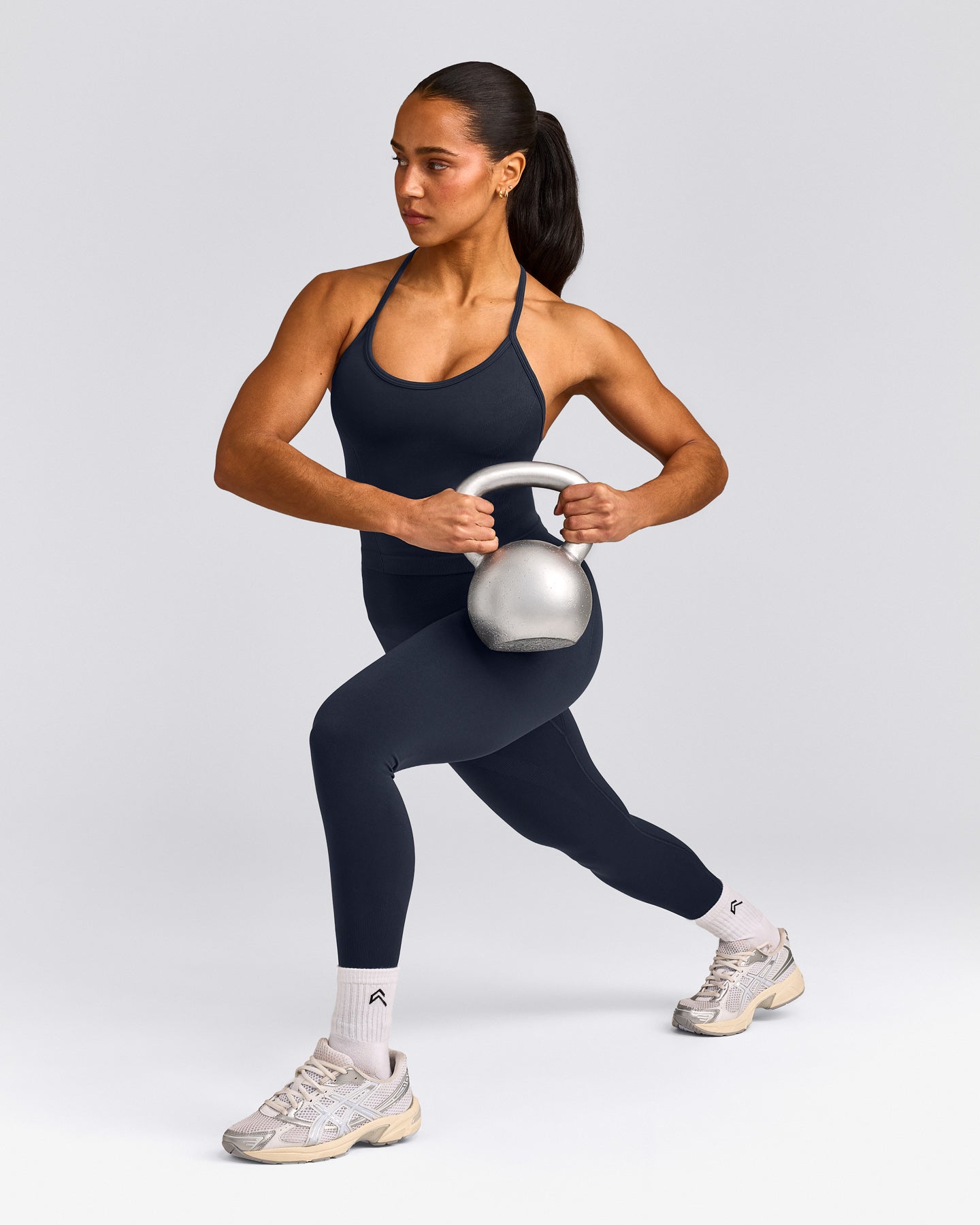 EnhanceLift™ Seamless Strappy Racer Tank Top with Built in Bra Shelf with Gray Logo | True Blue