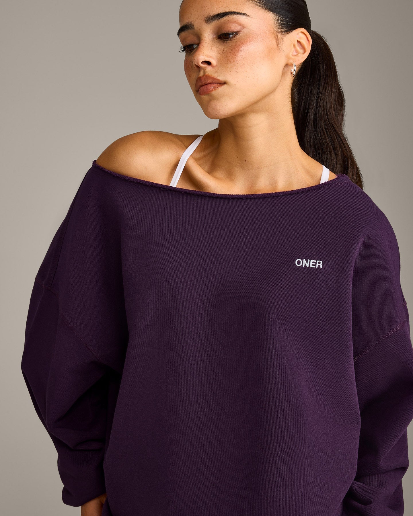 Raw Cut Lounge Off-The-Shoulder Sweatshirt | Washed Blackberry Purple