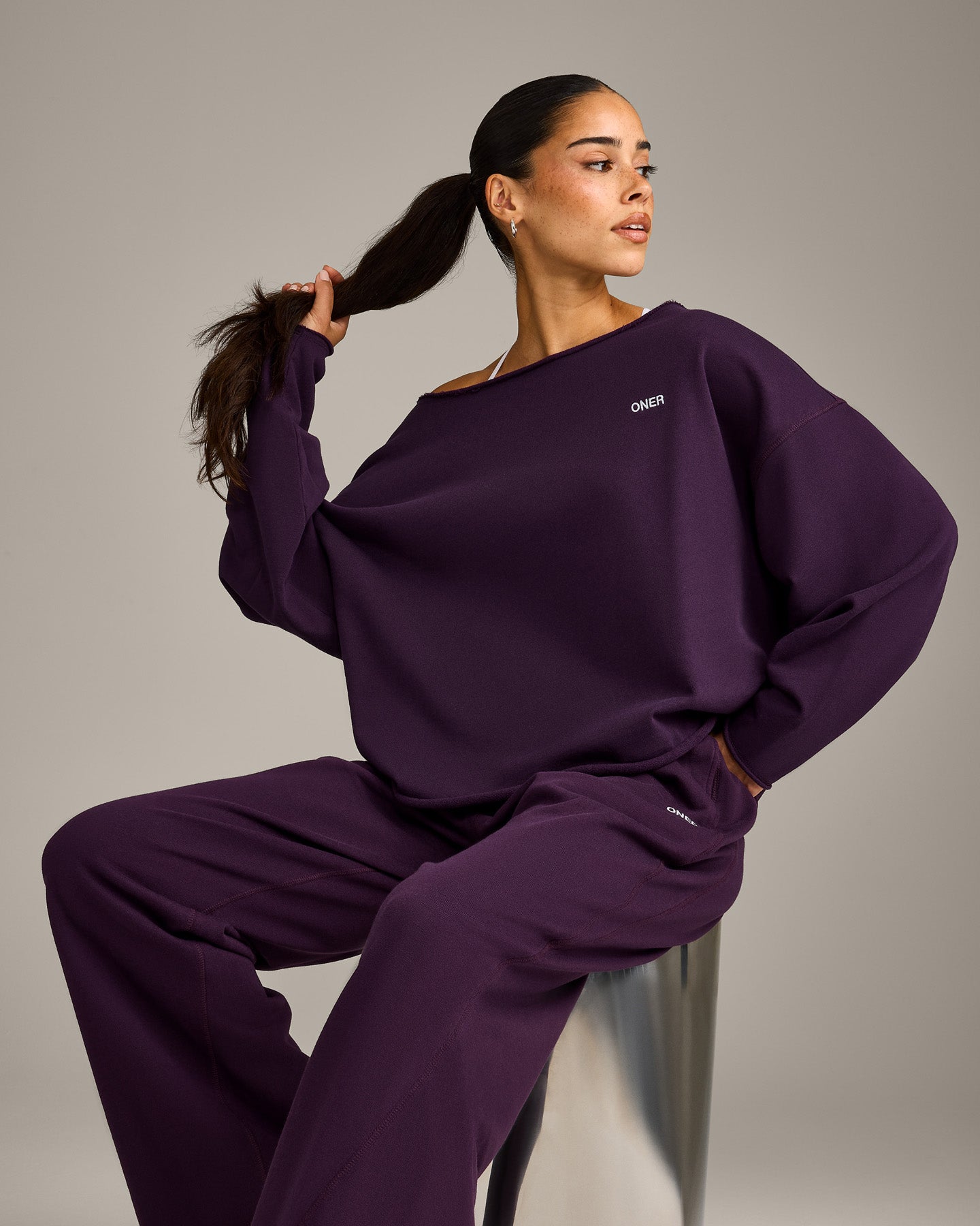 Raw Cut Lounge Off-The-Shoulder Sweatshirt | Washed Blackberry Purple