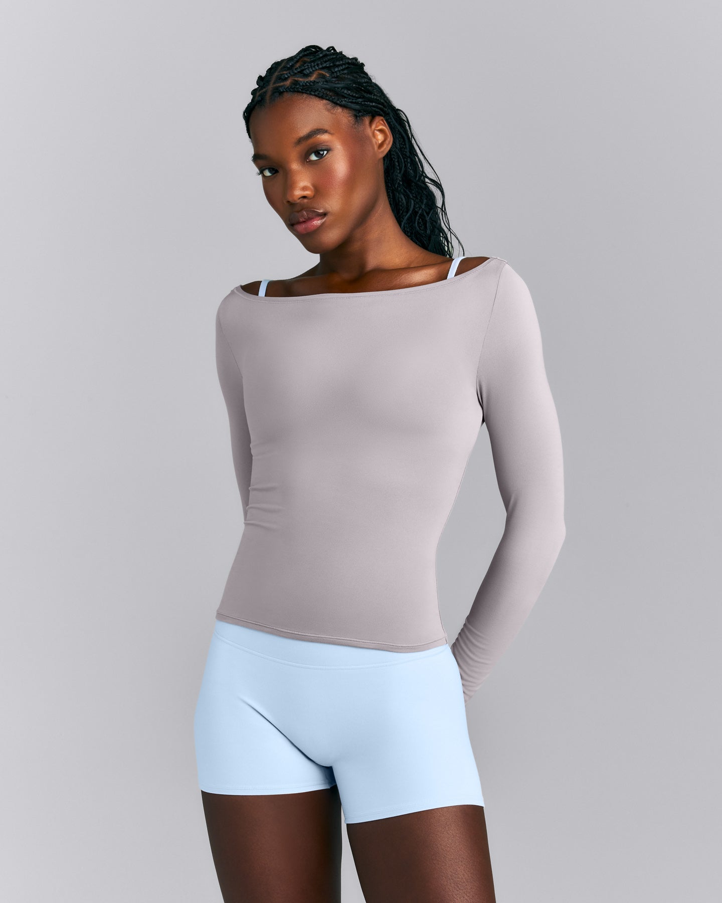 FormeSoft™ Fitted Off-The-Shoulder Long Sleeve Top | Zinc Gray