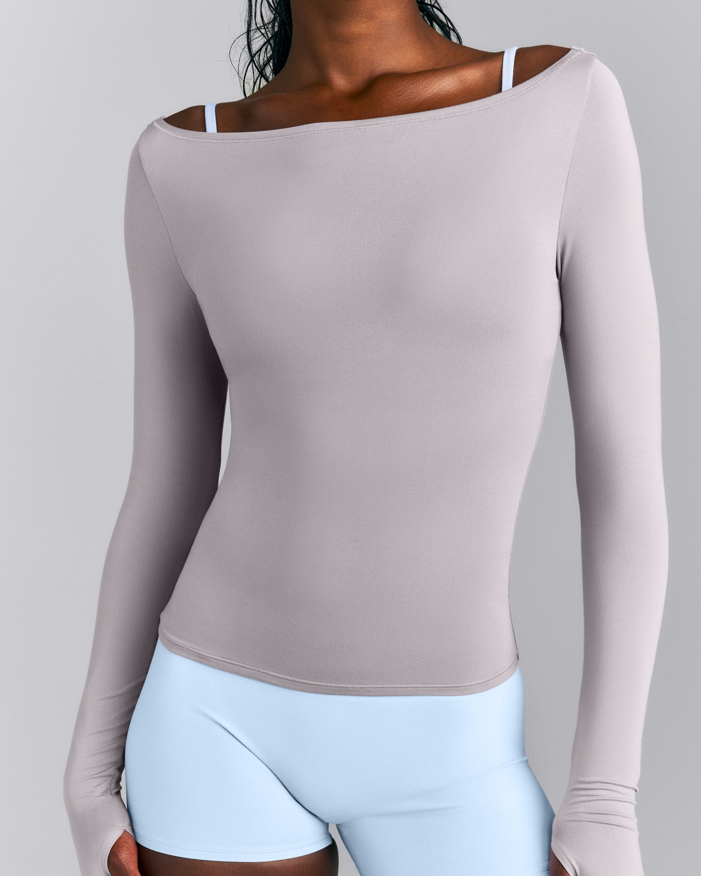 FormeSoft™ Fitted Off-The-Shoulder Long Sleeve Top | Zinc Gray