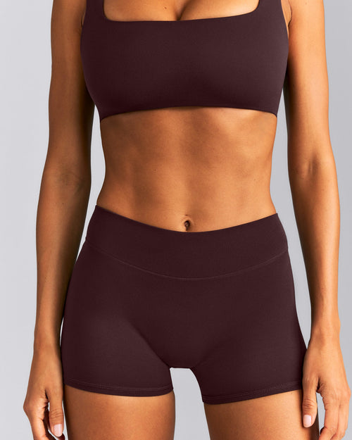 SoftMotion™ Mid Rise Micro Shorts 4" New Branding | Plum Brown