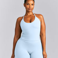 SoftMotion™ Strappy Halter Neck Mid Tank Top with Built in Bra Shelf New Branding | Mist Blue