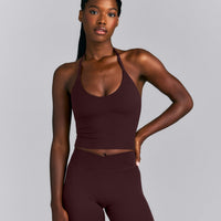 SoftMotion™ Strappy Halter Neck Mid Tank Top with Built in Bra Shelf New Branding | Plum Brown