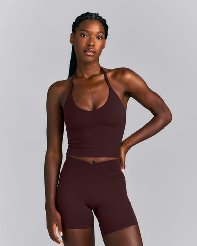 SoftMotion™ Strappy Halter Neck Mid Tank Top with Built in Bra Shelf New Branding | Plum Brown