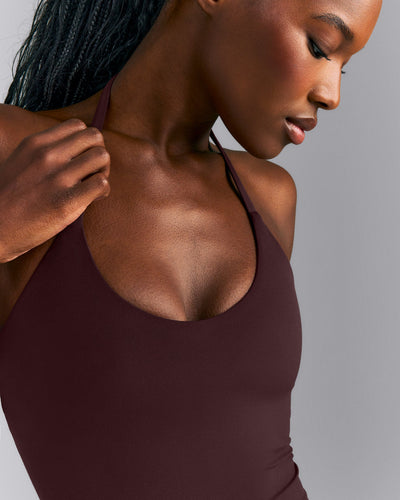 SoftMotion™ Strappy Halter Neck Mid Tank Top with Built in Bra Shelf New Branding | Plum Brown