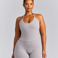 SoftMotion™ Strappy Halter Neck Mid Tank Top with Built in Bra Shelf New Branding | Zinc Gray