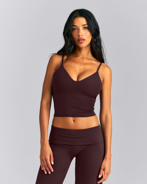 SoftMotion™ Adjustable V Neck Mid Tank Top with Built in Bra Shelf New Branding | Plum Brown