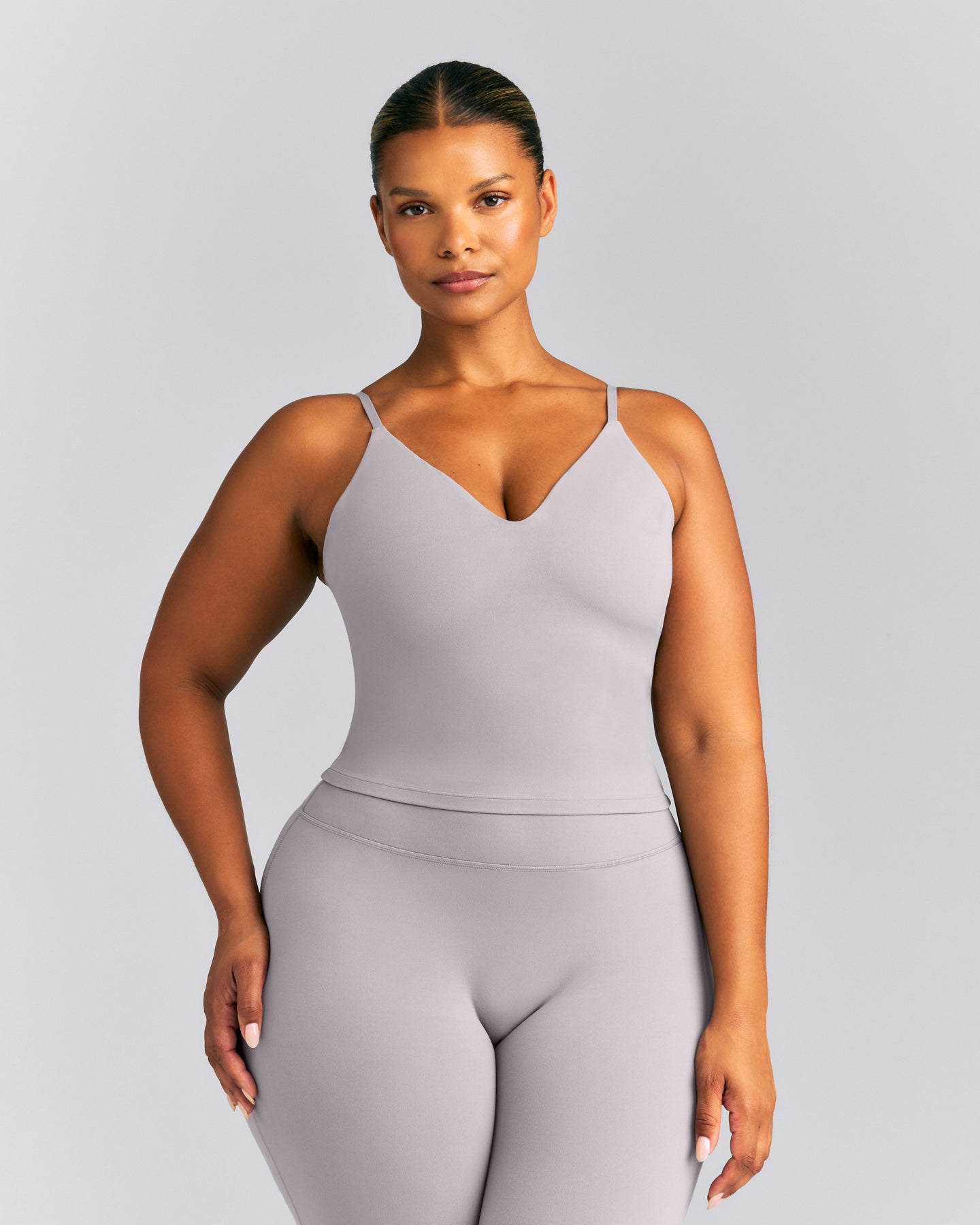 SoftMotion™ V Neck Mid Tank Top with Built in Bra Shelf New Branding | Zinc Gray