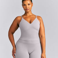 SoftMotion™ V Neck Mid Tank Top with Built in Bra Shelf New Branding | Zinc Gray