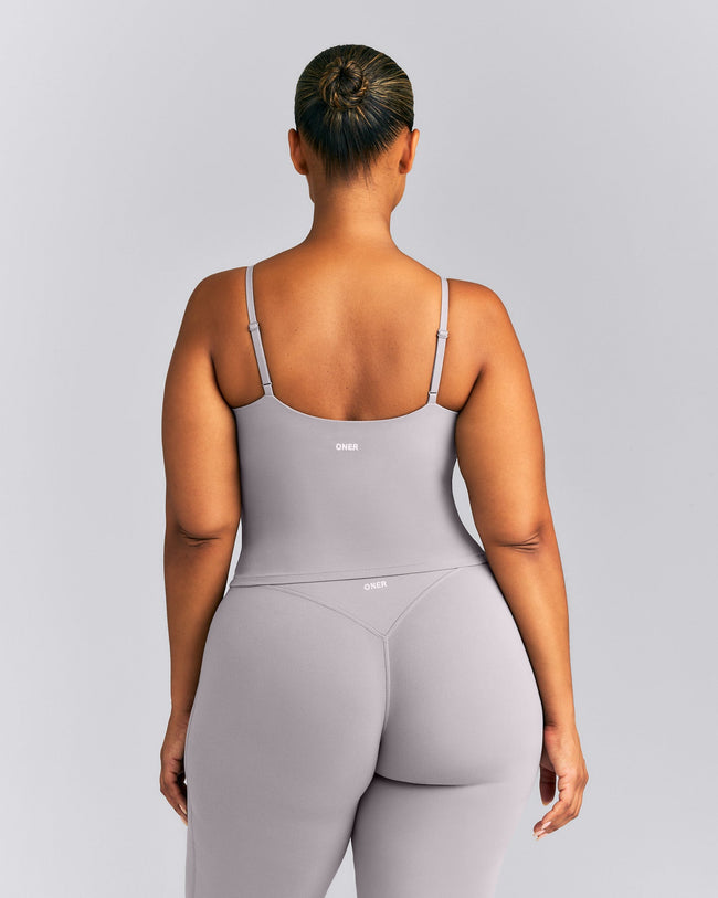 SoftMotion™ V Neck Mid Tank Top with Built in Bra Shelf New Branding | Zinc Gray