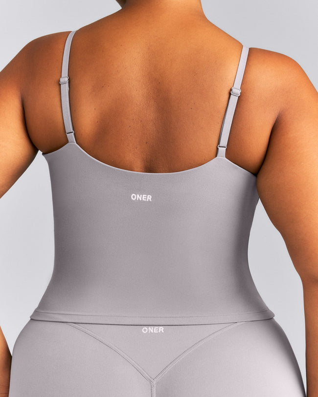 SoftMotion™ V Neck Mid Tank Top with Built in Bra Shelf New Branding | Zinc Gray