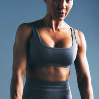EffortlessLift™ Square Neck Sports Bra with Gray Logo | Light Granite Blue