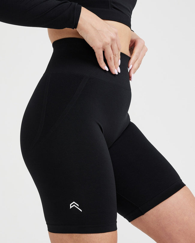 EffortlessLift™ Seamless Cycling Shorts with White Logo | Black