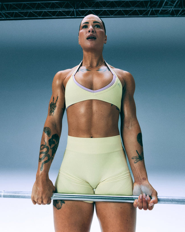 EnhanceLift™ Seamless Minimal Halter Neck Bralette with Gray Logo | Pastel Yellow