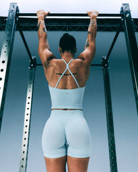 EnhanceLift™ Seamless Shorts with Gray Logo | Cloud Blue