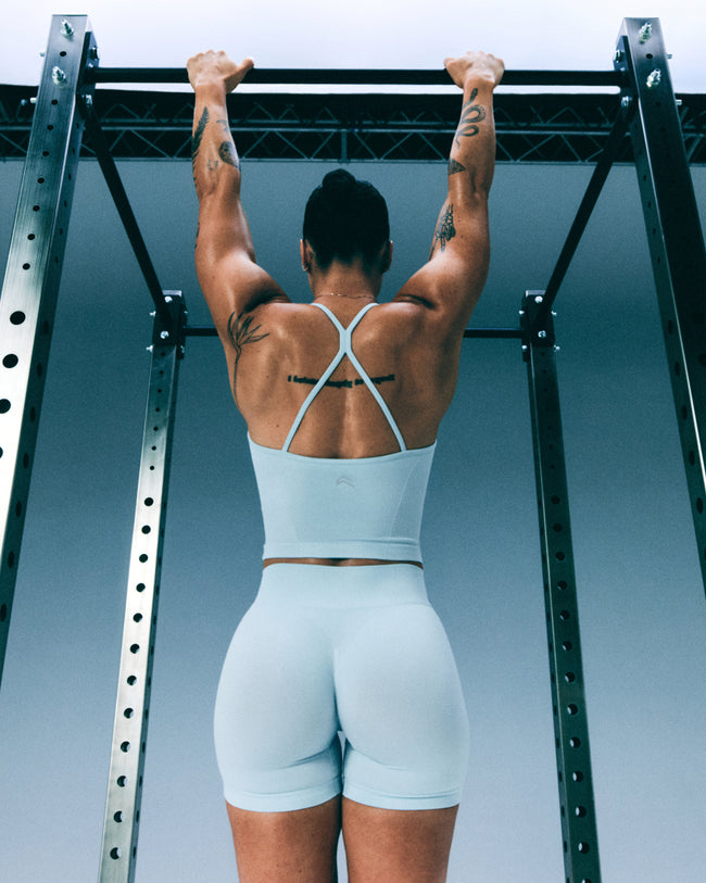 EnhanceLift™ Seamless Shorts with Gray Logo | Cloud Blue