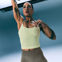 EnhanceLift™ Seamless Strappy Racer Tank Top with Built in Bra Shelf with Gray Logo | Pastel Yellow