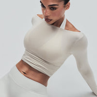 FormeSoft™ Fitted Off-The-Shoulder Long Sleeve Top | Oatmeal