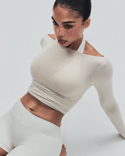 FormeSoft™ Fitted Off-The-Shoulder Long Sleeve Top | Oatmeal