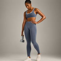 EffortlessLift™ Seamless Mid Rise Leggings with Gray Logo | Light Granite Blue