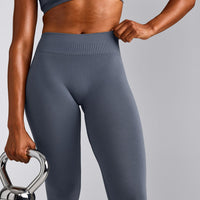 EffortlessLift™ Seamless Mid Rise Leggings with Gray Logo | Light Granite Blue